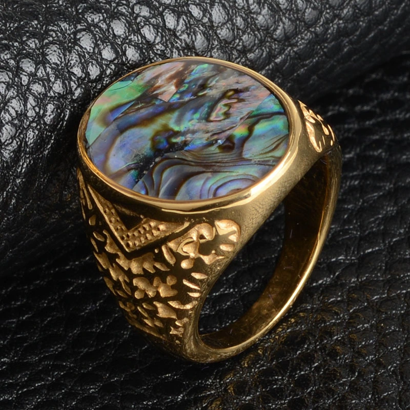 Men's Titanium Steel Casting Ring Round Abalone Shell Pattern Stainless Steel Ring