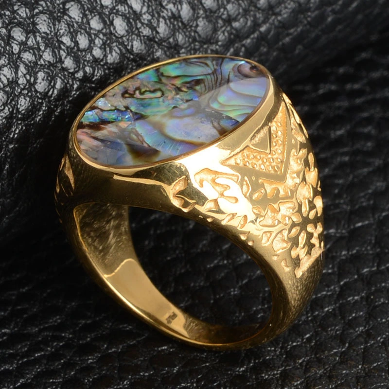 Men's Titanium Steel Casting Ring Round Abalone Shell Pattern Stainless Steel Ring