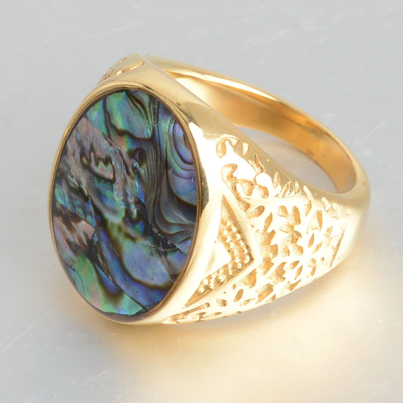 Men's Titanium Steel Casting Ring Round Abalone Shell Pattern Stainless Steel Ring