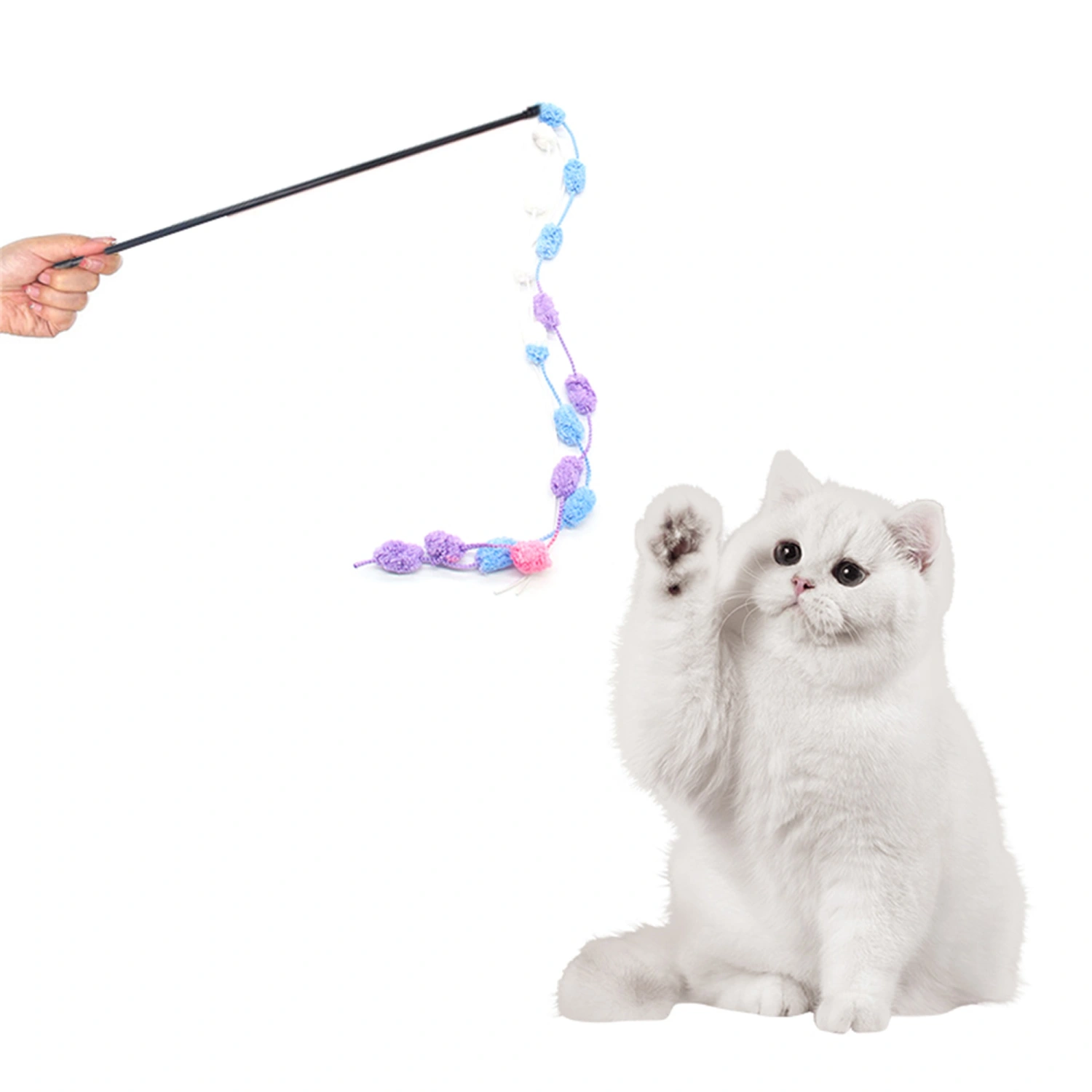 Cat Teaser Wand Fuzzy Balls Cat Stick Pole Pet Interactive Toy 