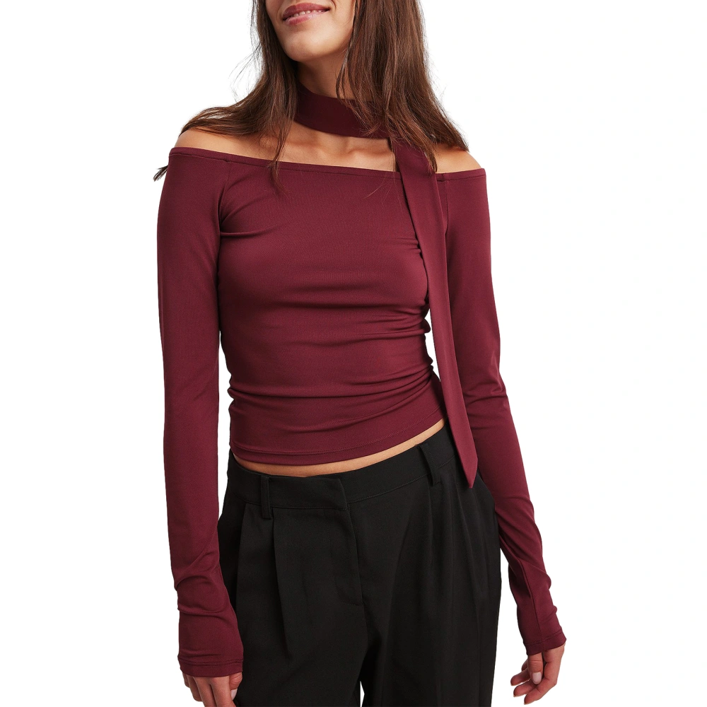 Women Long Sleeve Crop Tops Solid Color Off Shoulder T-Shirts