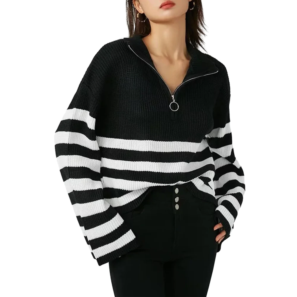 Women Knit Sweater Long Sleeve Turtleneck Striped Loose Pullover