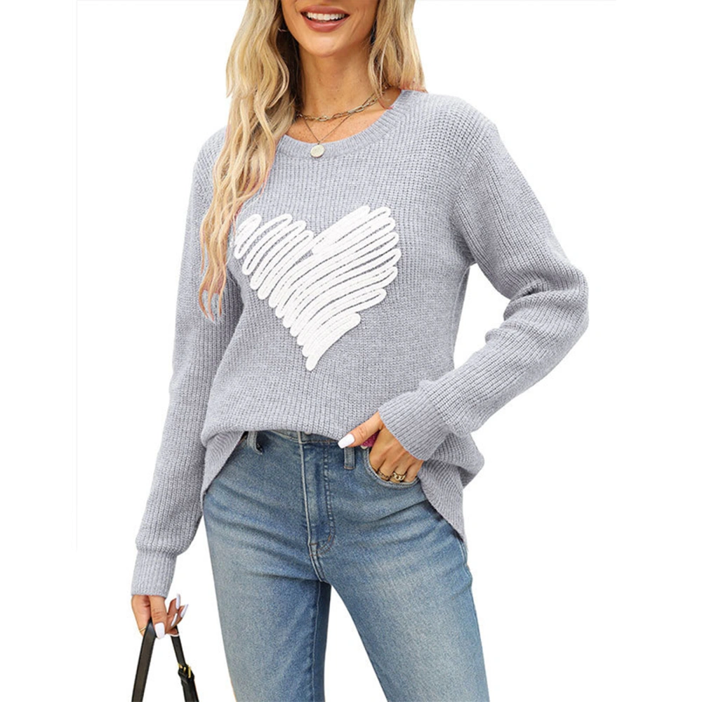 Women Loose Knit Sweater Heart Embroidery Valentine's Day Sweater