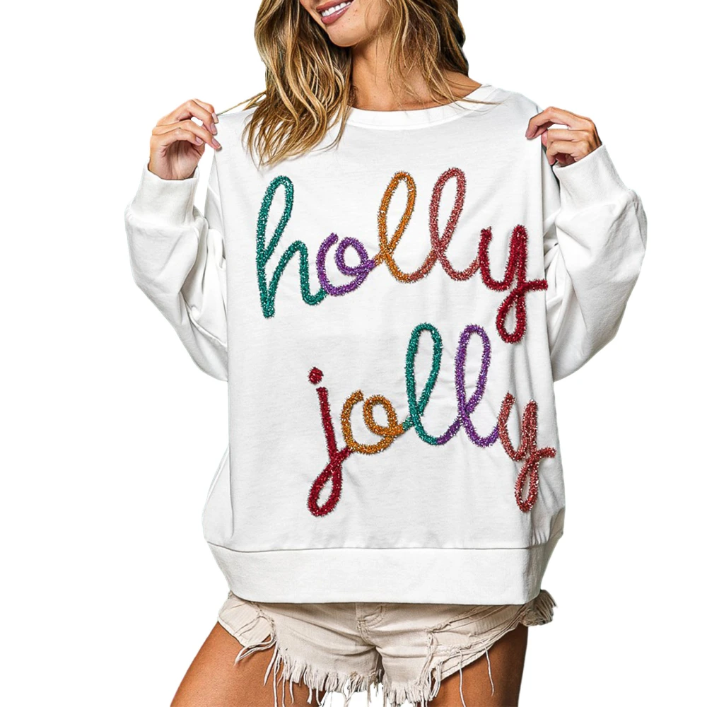 Women's Fall Christmas Pullover, Sequin Letter Long Sleeve Sweatshirt