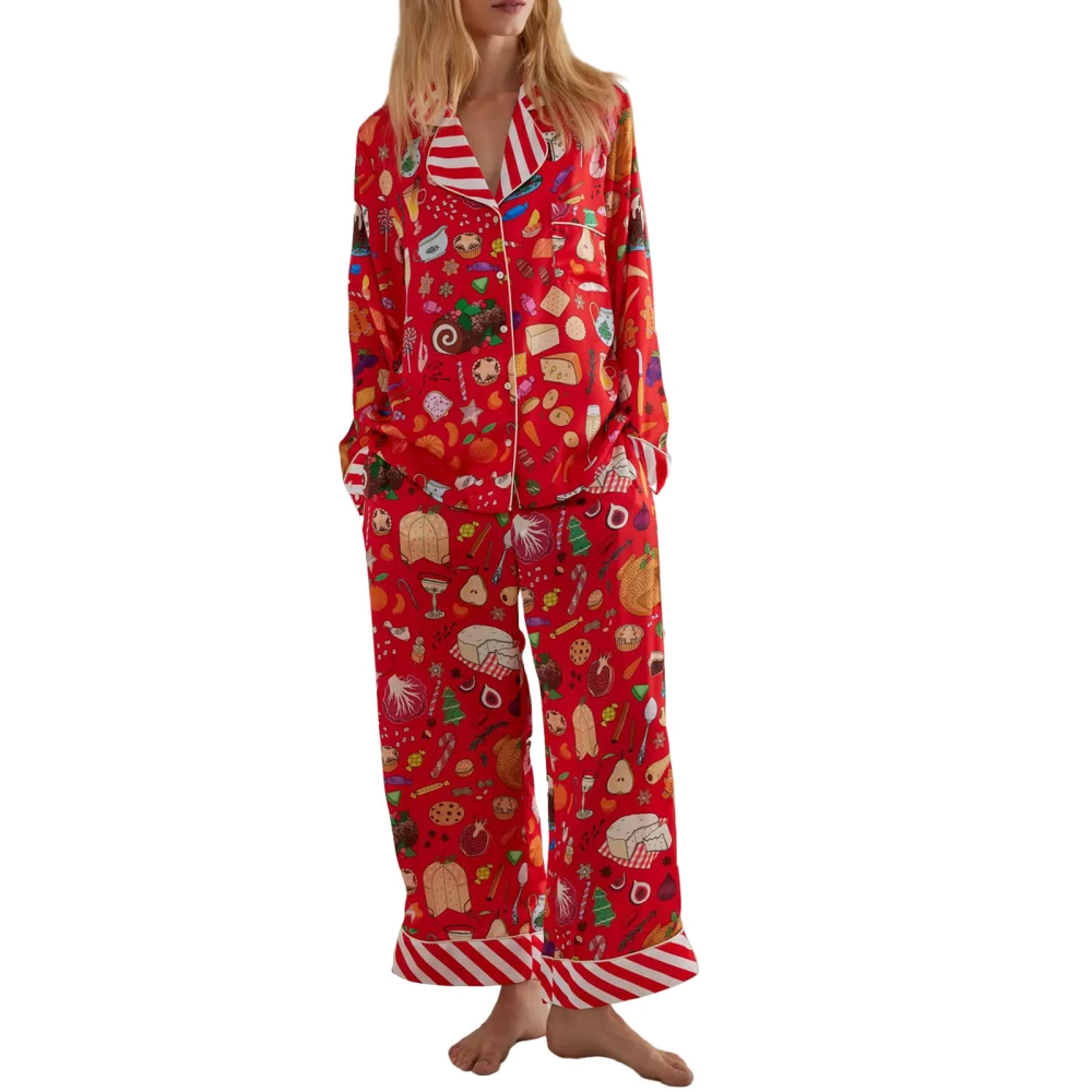 Women Pajama Set, Food Animal Print Long Sleeve Tops with Pants