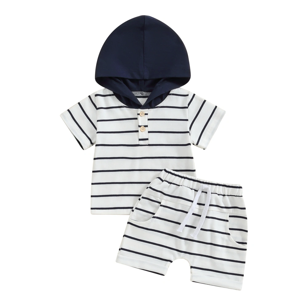 Boy Summer Clothes Stripe Print Short Sleeve Hood T-Shirt with Shorts