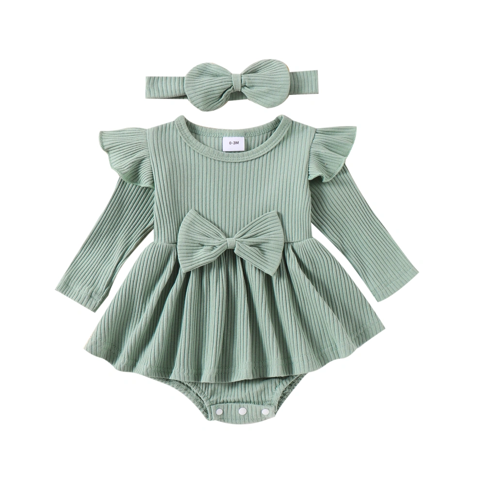 Newborn Girl Outfit, Long Sleeve Bow A-line Romper Dress with Headband