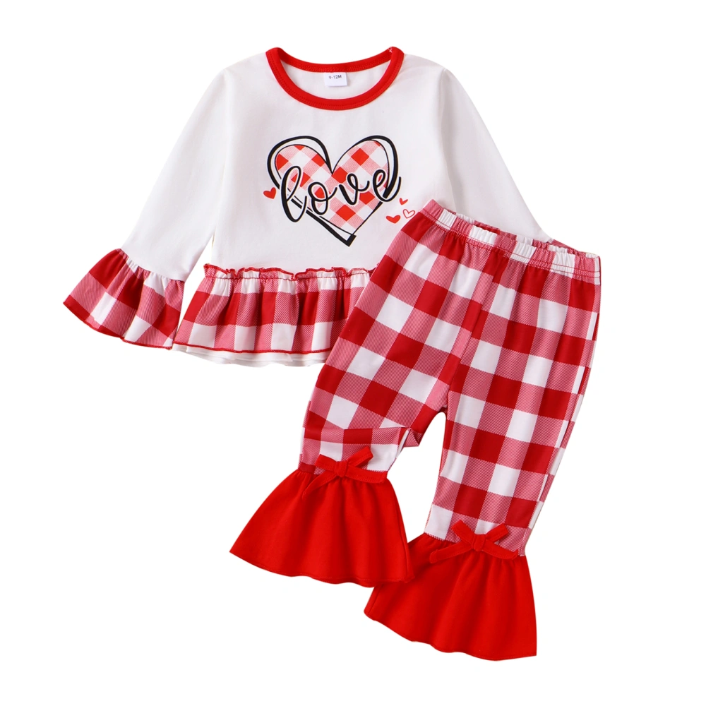 Baby Girls Long Sleeve Heart Letter Print Tops Plaid Flared Pants Sets