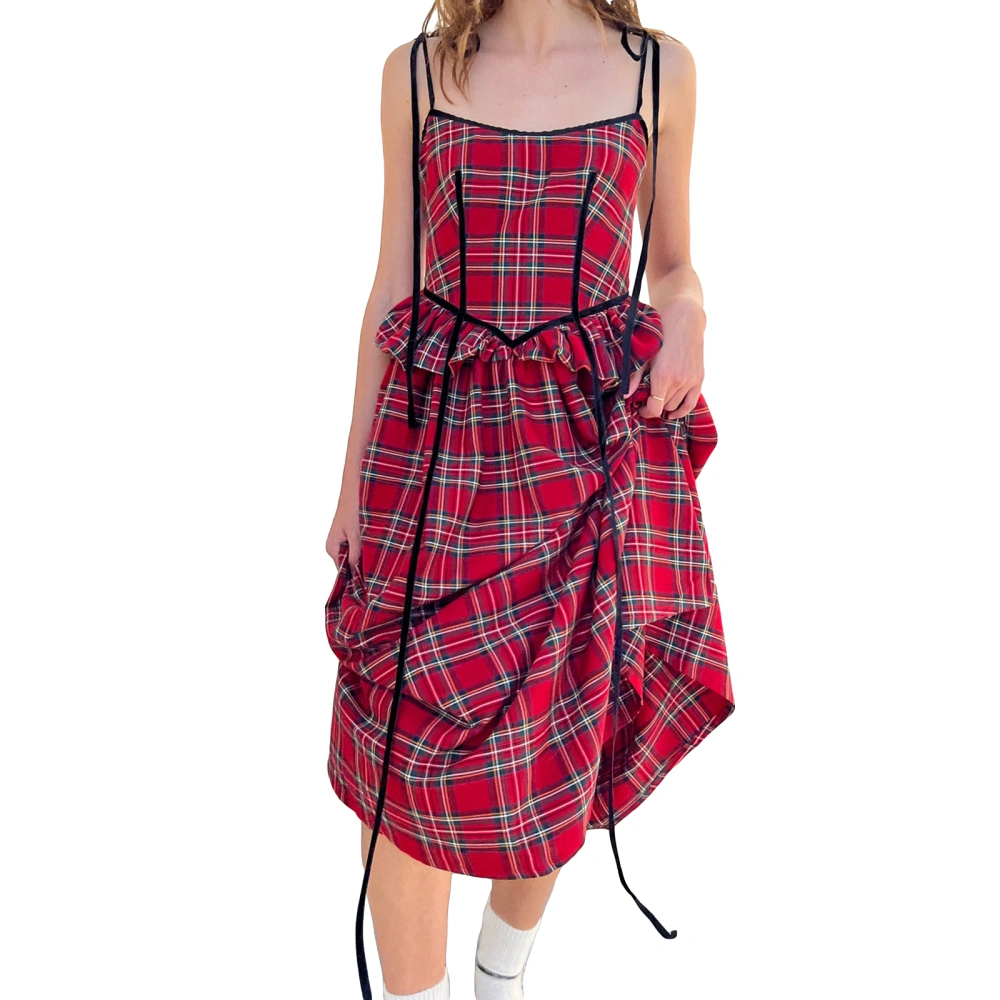 Women Summer Red Sleeveless Backless Plaid Long Cami Dresses