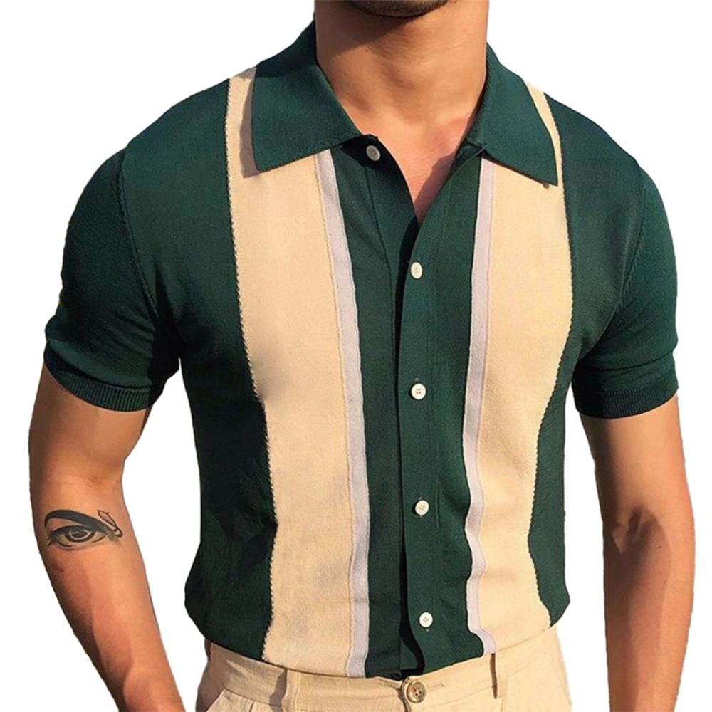 Men Knit Button Down Shirts Short Sleeve Contrast Color Lapel Shirts