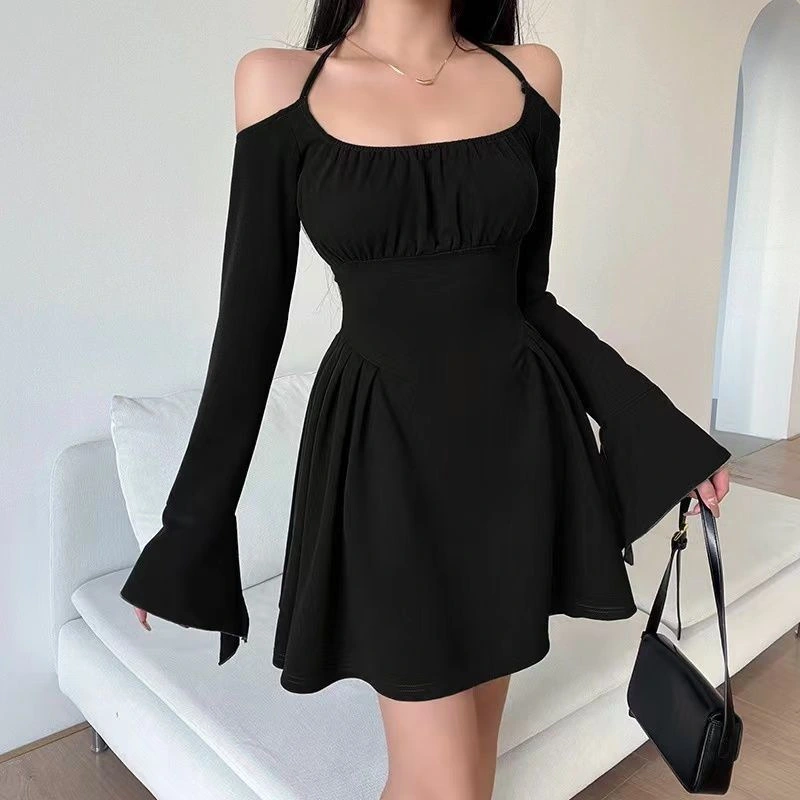 Versatile New Bell Sleeve Retro Tea Dress Pleated Waist