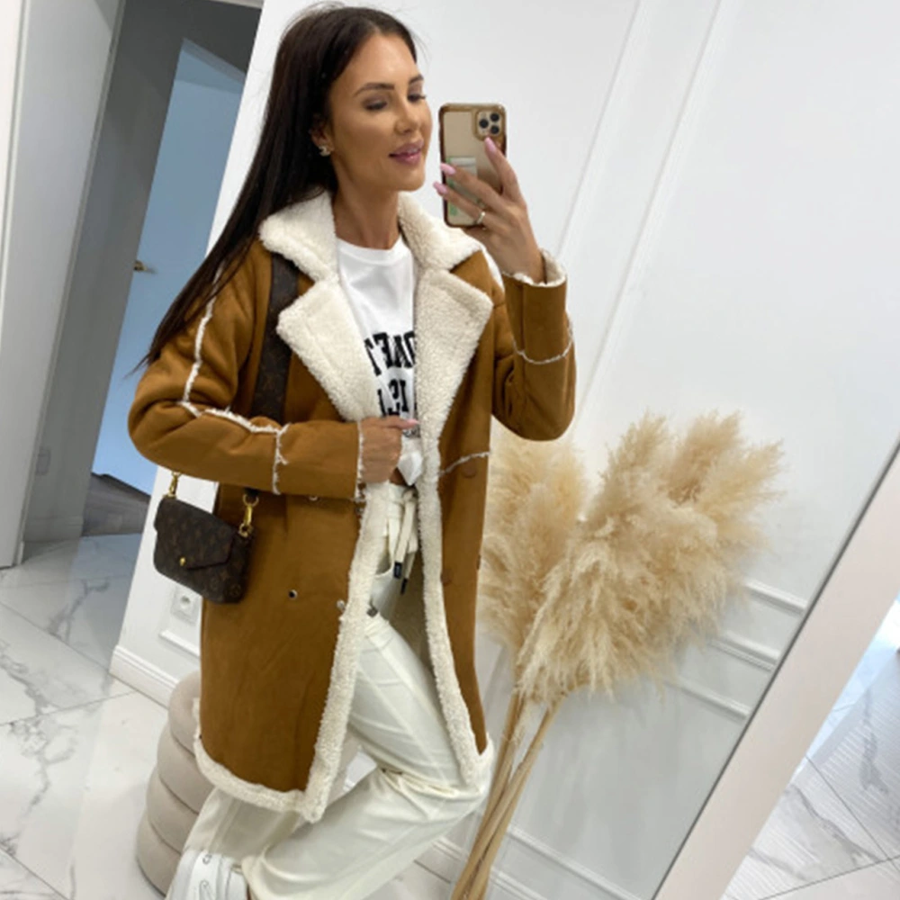 European And American Pure Color Thickened Lambswool Splicing Overcoat