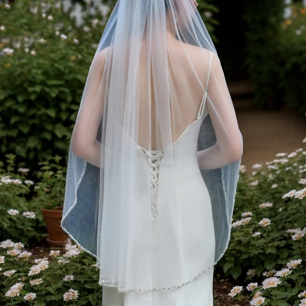 Handmade Bead Edging Single Layer Bridal Beaded Veil