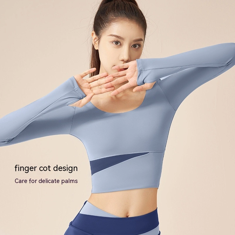 Contrast Color Fast-drying Workout Top Slim Fit Nude Feel Seamless Yoga Long Sleeve