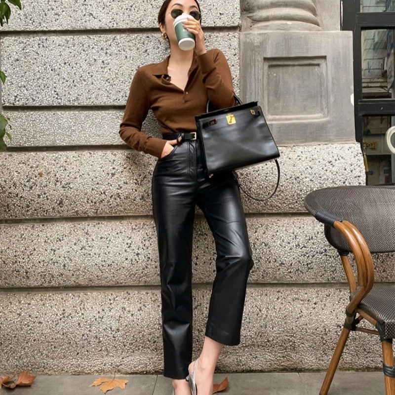 High-grade Polyester Top Slim Fit Leather Pants Adult Lady Like Woman Two Pieces