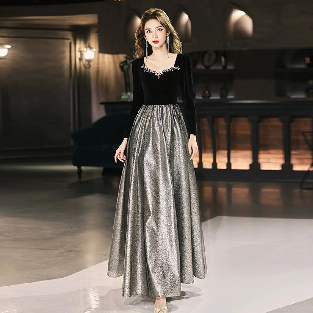 Banquet Temperament High-end Light Luxury Minority High-end Velvet Long Sleeves Black Evening Dress For Women