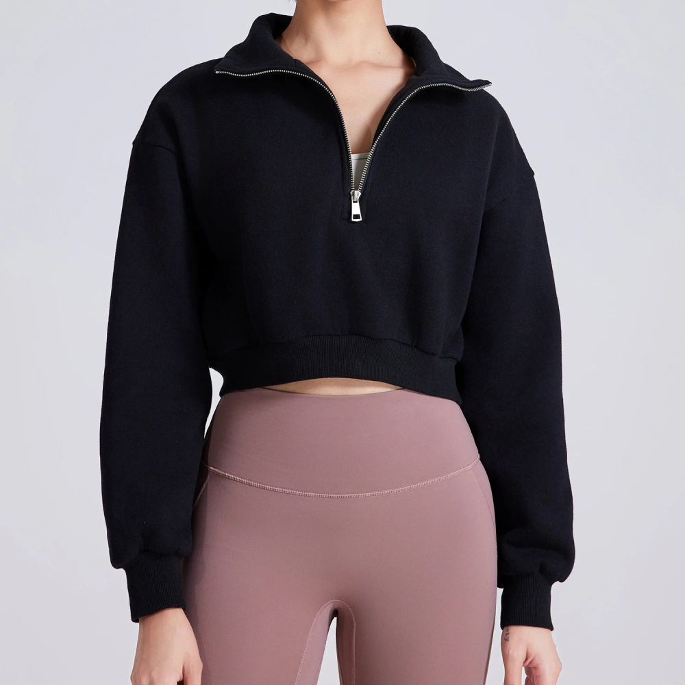 Fleece-lined Stand Collar Half Zip Female Loose Sports Jacket