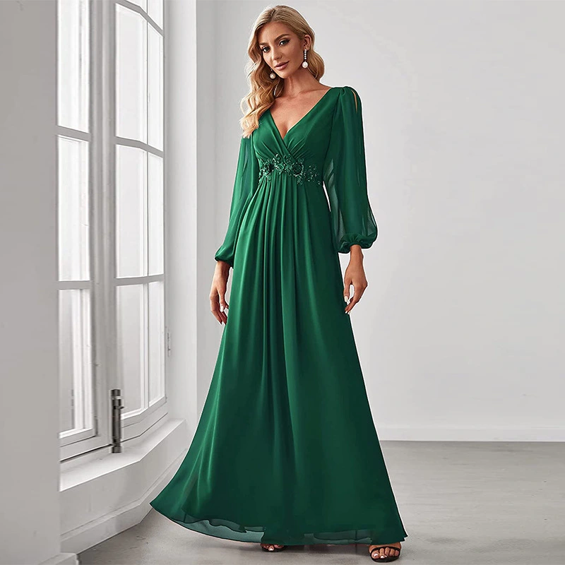 Women's Fashion Temperament Pure Color V-neck Evening Dress