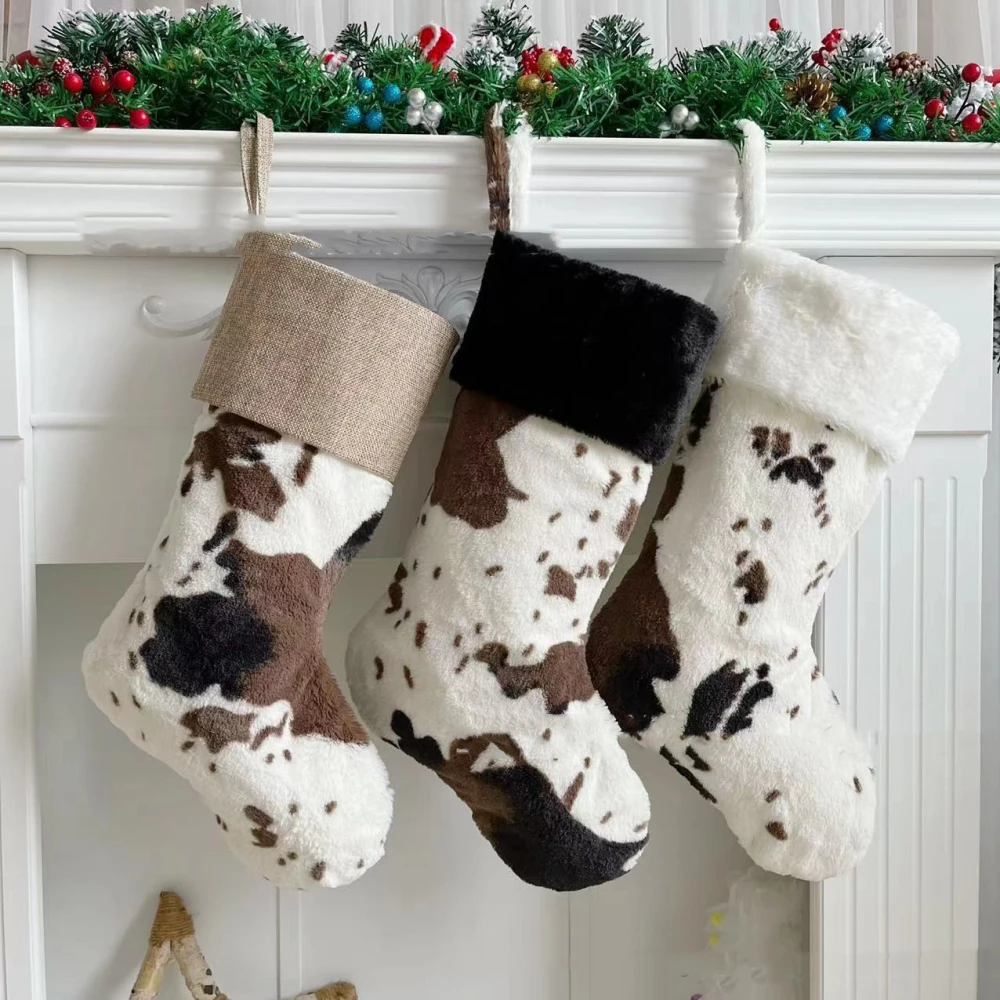 20-inch Plush Christmas Stockings Cows Pattern Gift Bag