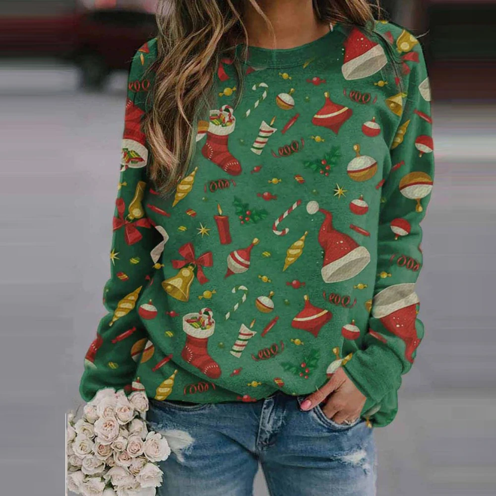 European And American Christmas Printed Round Neck Long Sleeve Fleece Sweater