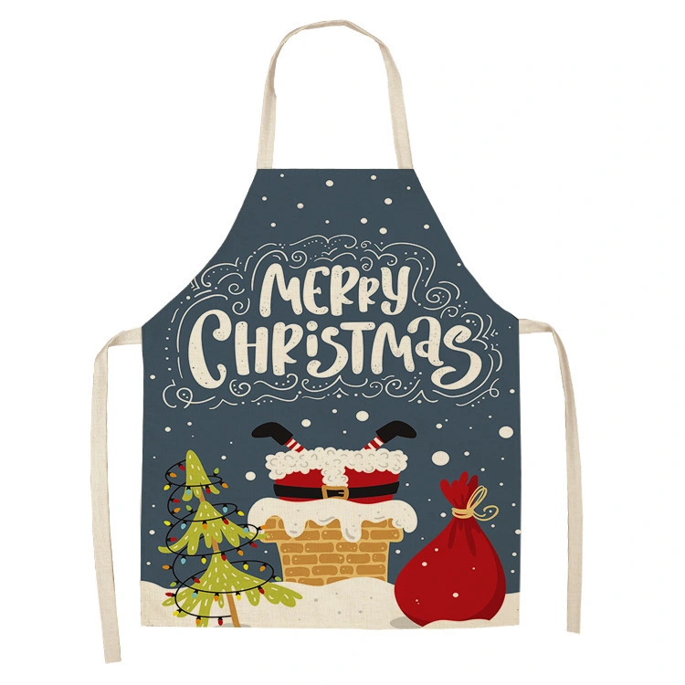 Cartoon Christmas Elk Santa Claus Printed Linen Sleeveless Apron