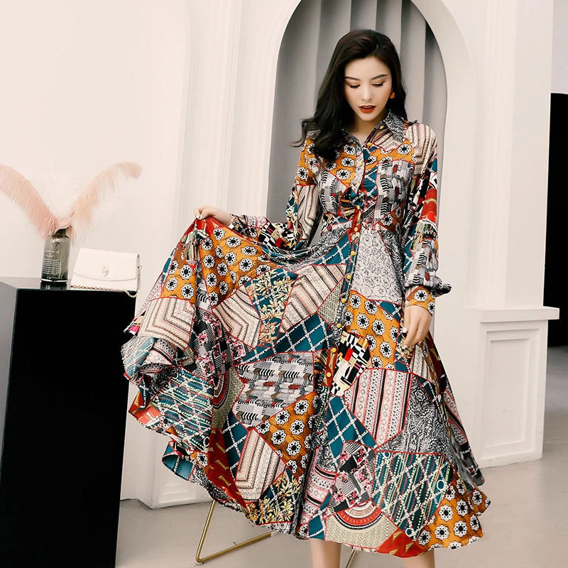 Vacation Style Printed Long Dress With Big Swing