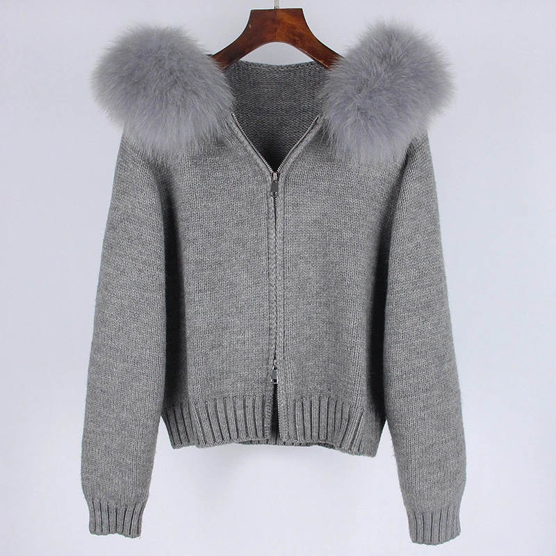 Leisure Hooded Real Fox Fur Collar Fashion All-match Sweater Outer Fur Coat