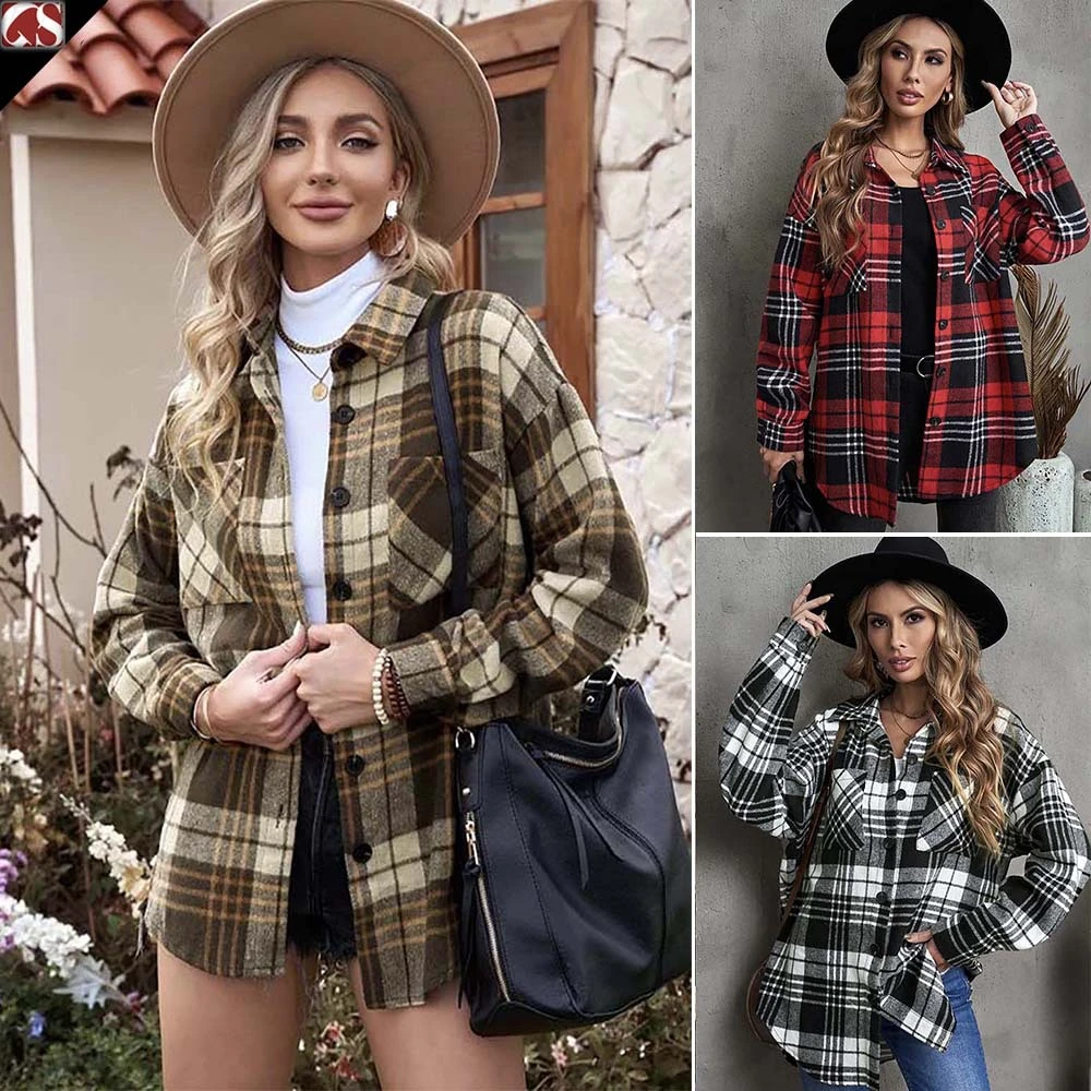 Lapel Single Breasted Shirt Women's Commuting Wear Loose Plaid