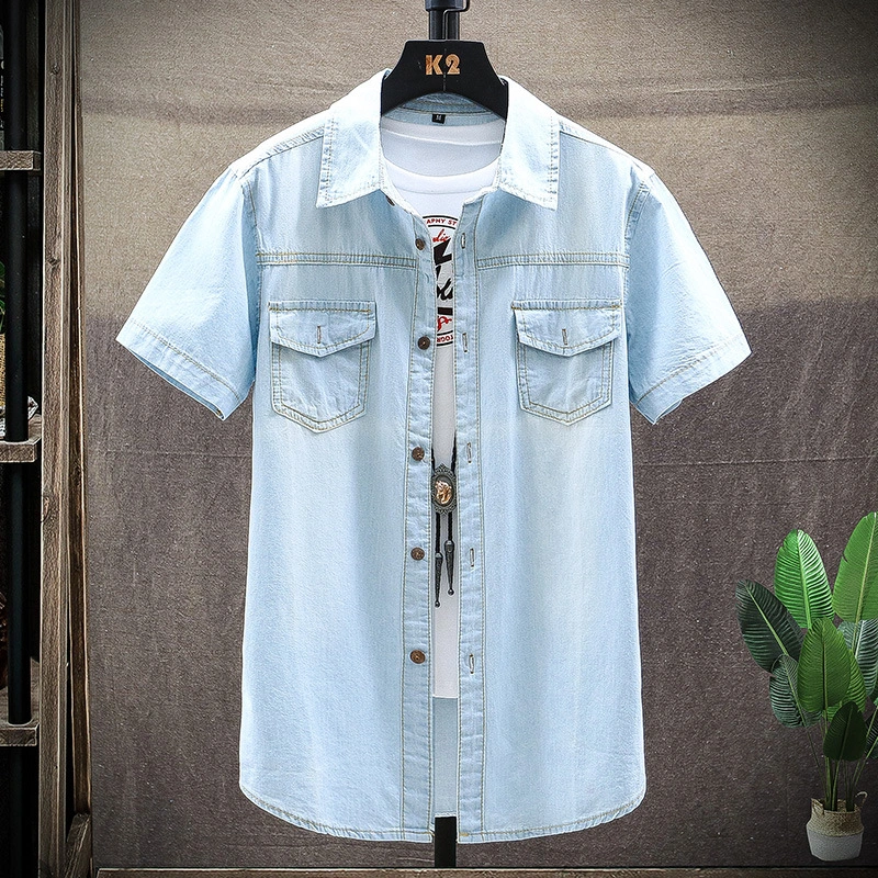 Men's Lapel Solid Color Fashion Washed Denim Short Sleeve Shirt