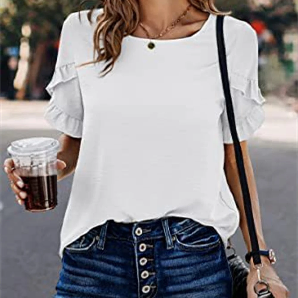 Casual Pleated Short Sleeves Summer Loose Shirt Solid Color Round Neck Shirt Waist Top