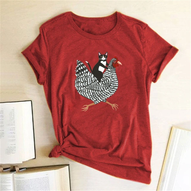 Cat Riding Chicken 3D Print Short Sleeve Funny Womens T Shirt Summer New Products Casual O Neck Wild Street Hipster Loose Ladies