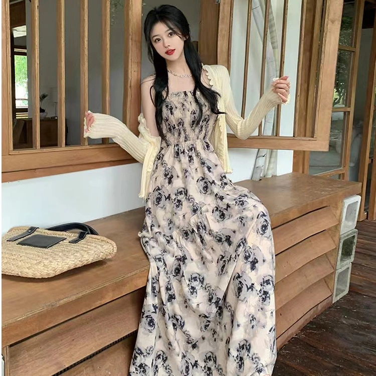 Elegant Stunning Sling Season Vacation Style Super Mori Floral High Waist Slimming Dress Women