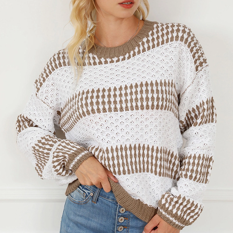 European And American Casual Loose Round Neck Contrast Color Knitwear