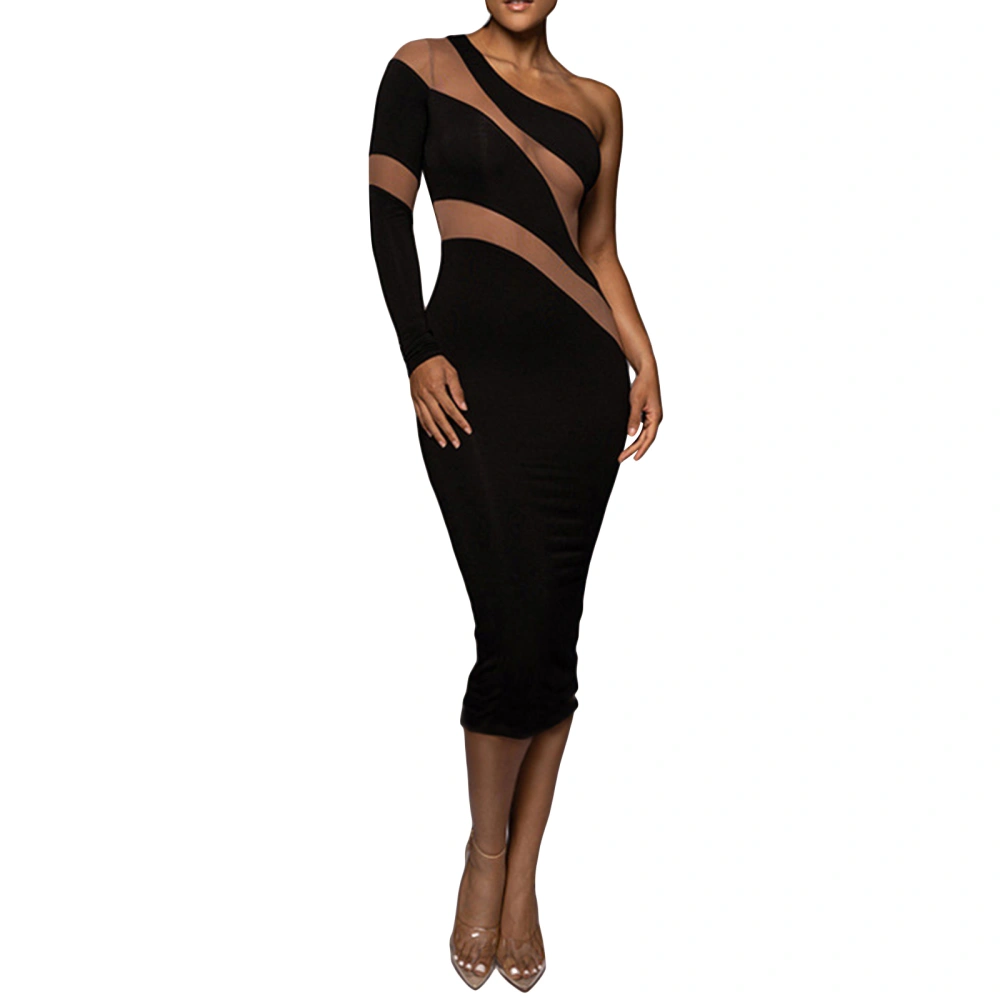 Women Midi Bodycon Dress Sheer Mesh Patchwork One Shoulder Dress