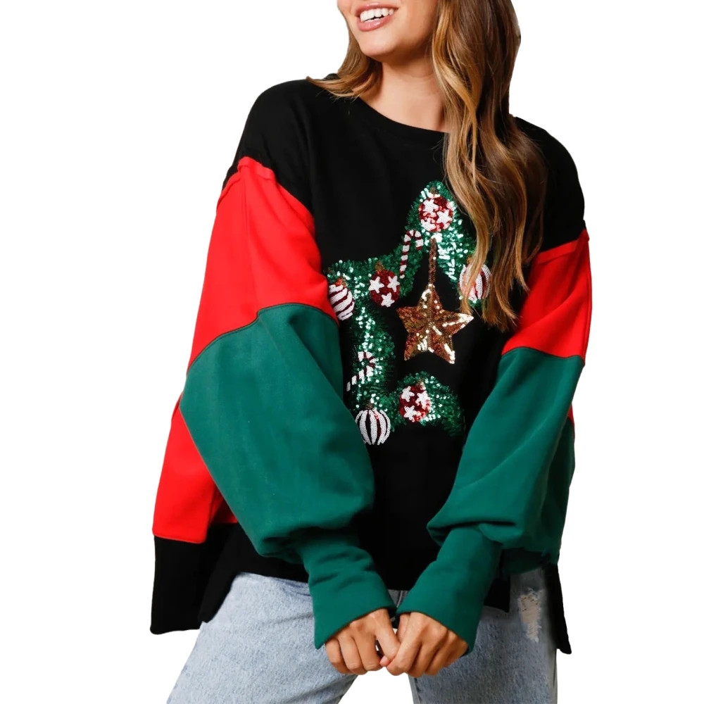 Women's Christmas Long Sleeve Crewneck Split Hem Star Print Pullover