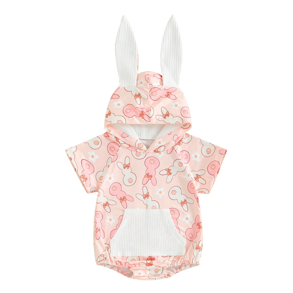 Baby Easter Hood Jumpsuit Cartoon Bunny Print Short Sleeve Romper