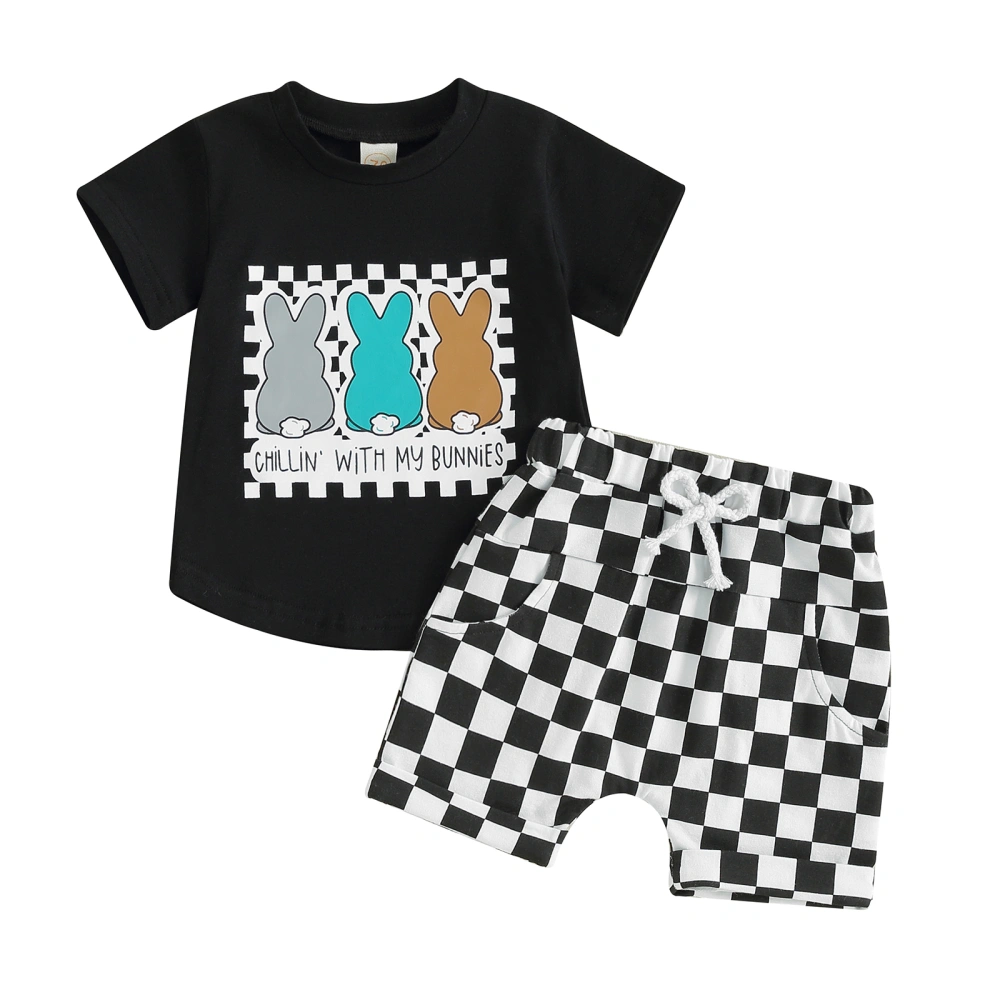 Boy Easter Bunny Print Short Sleeve T-Shirt with Checkerboard Shorts 