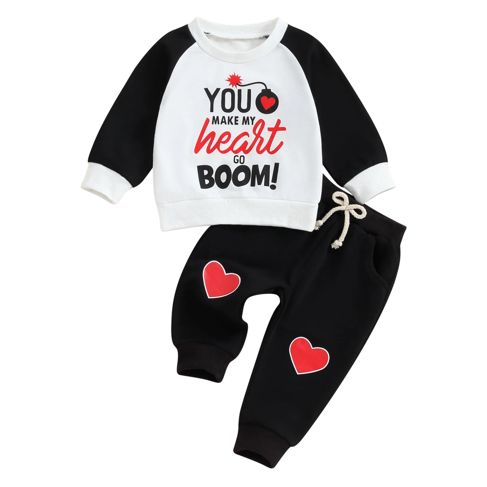 Boys Long Sleeve Letter Print Tops Heart Print Drawstring Pants Sets