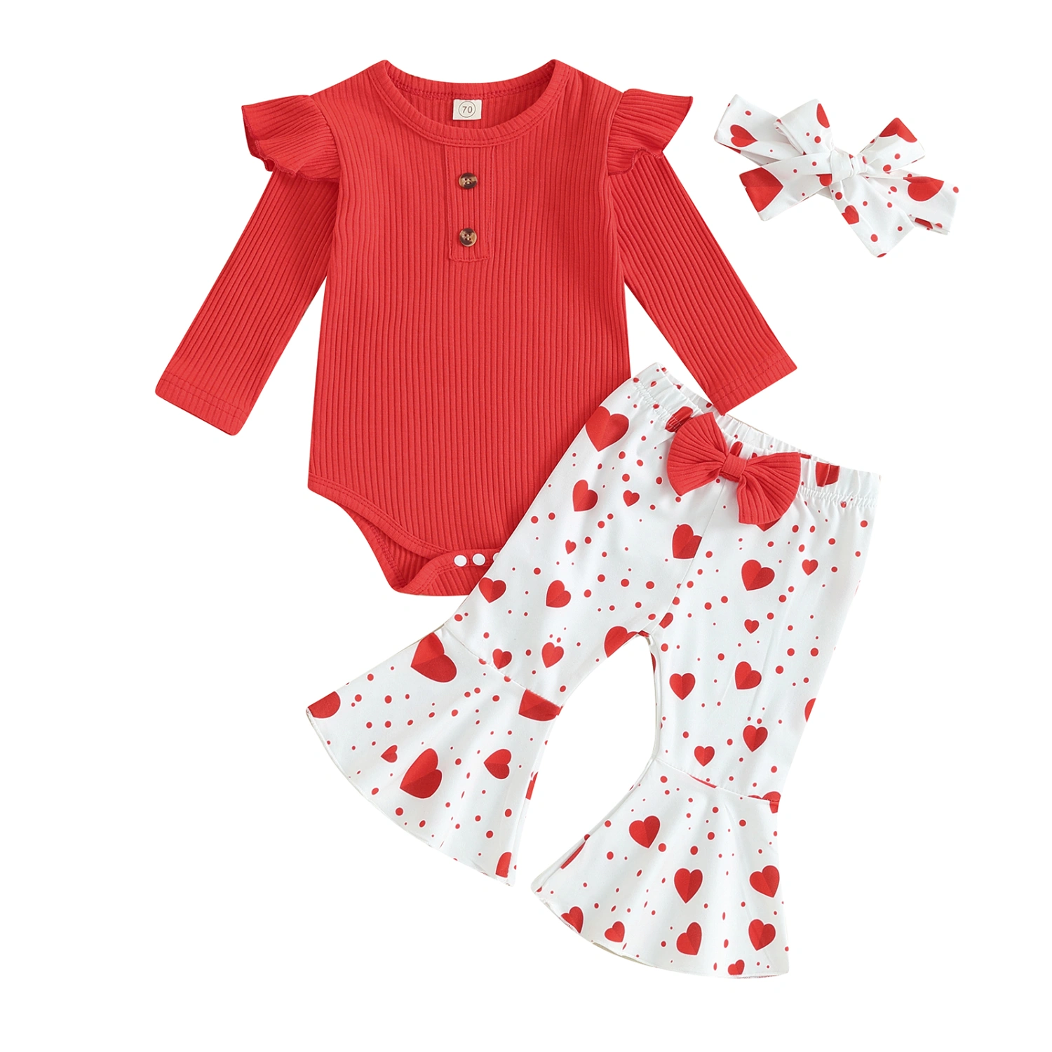 Baby Girls 3 Piece Outfit Ribbed Romper and Heart Print Pants Headband