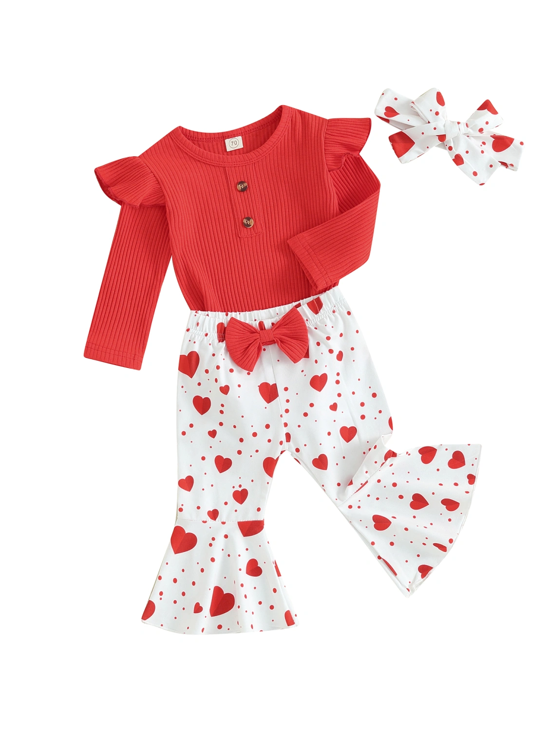 Baby Girls 3 Piece Outfit Ribbed Romper and Heart Print Pants Headband