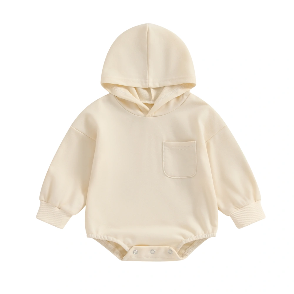 Baby Hooded Romper Long Sleeve Chest Pocket Solid Color Bodysuit