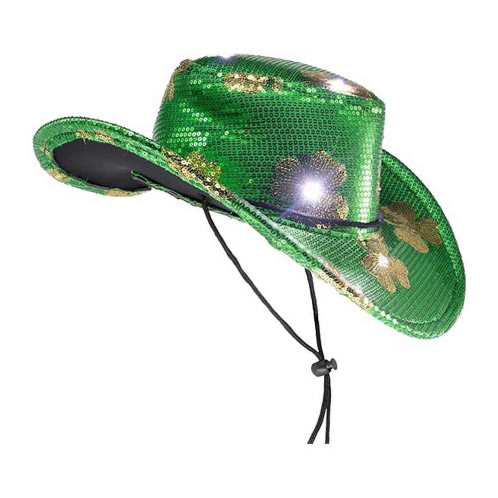 Irish Cowboy Hat with Light Sequined Shamrock Western Wide Brim Hat 