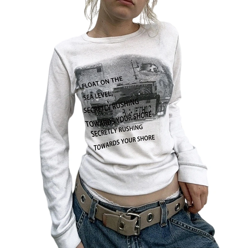 Women’s Crew Neck T-Shirts Vintage Long Sleeve Letter Print Tops