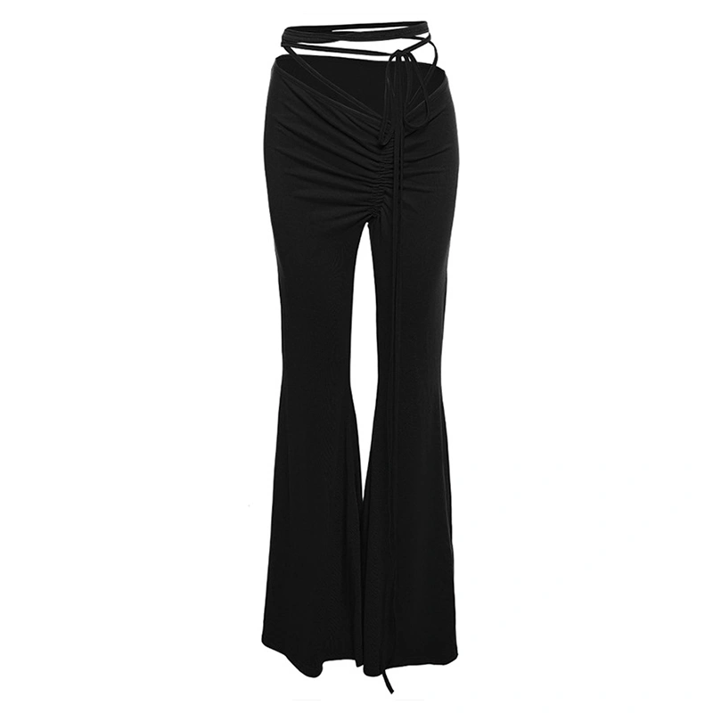 Women Spring Autumn Solid Color High Waist Bandage Flared Pants