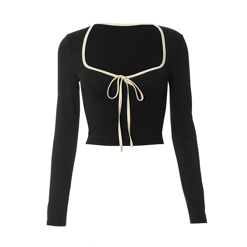 Women T-shirt, Long Sleeve Low-cut Tie-up Ladies Fall Crop Top