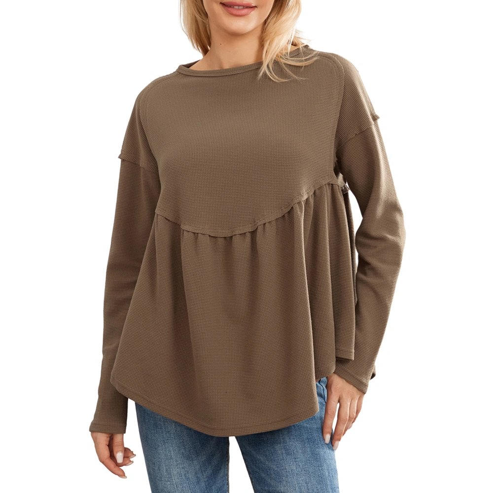 Women T-shirt Long Sleeve Crew Neck Pleated Loose Solid Fall Tops