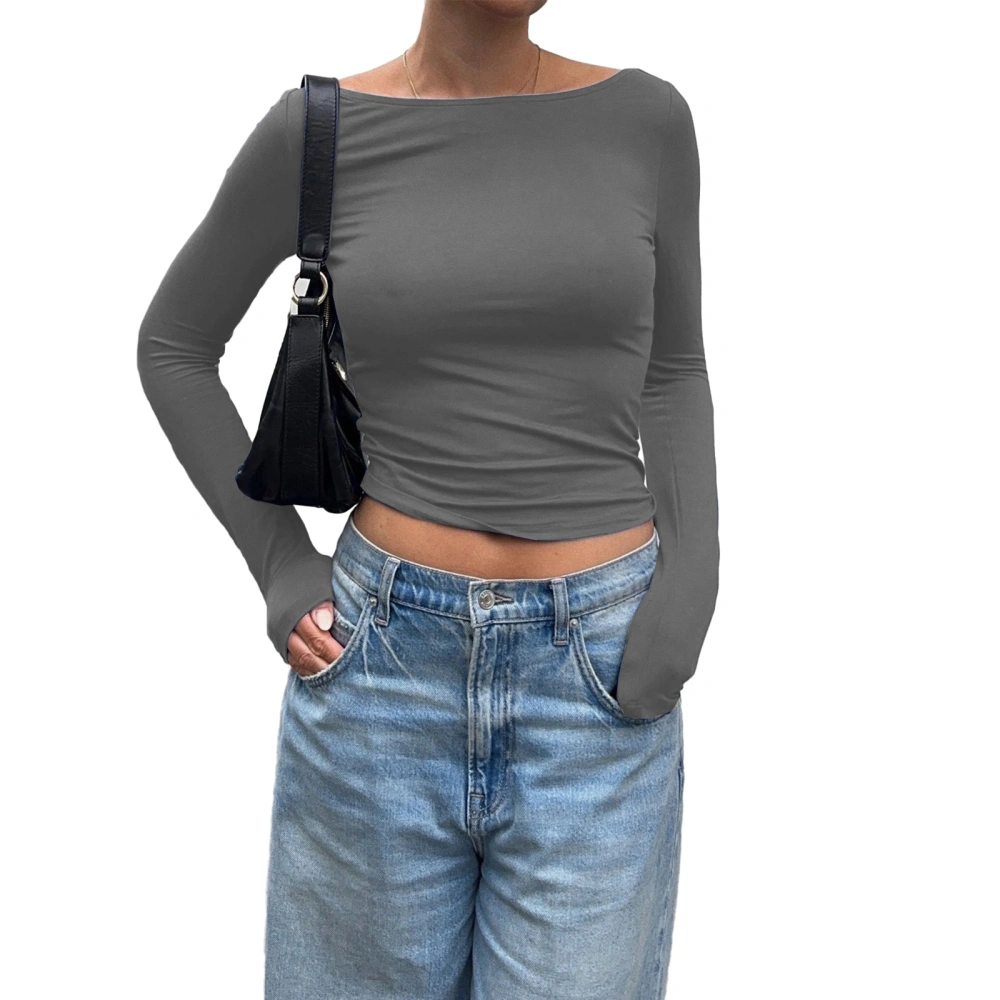 Women's Fall Slim Cropped Tops Long Sleeve Boat Neck T-Shirt