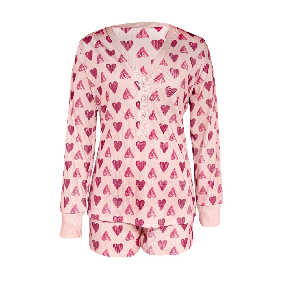 Women Pajama Set, Heart Print Long Sleeve V-neck T-shirt with Shorts