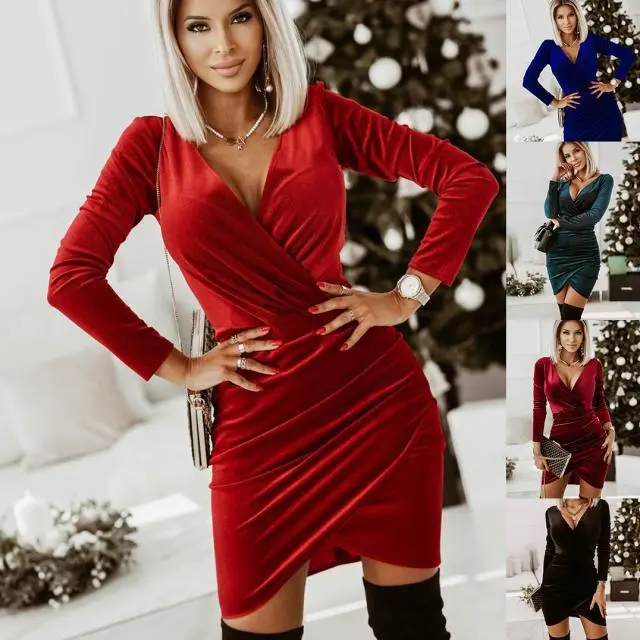Fall Winter Fashion Solid Color And V-neck Long Sleeve Velvet Sheath Dress