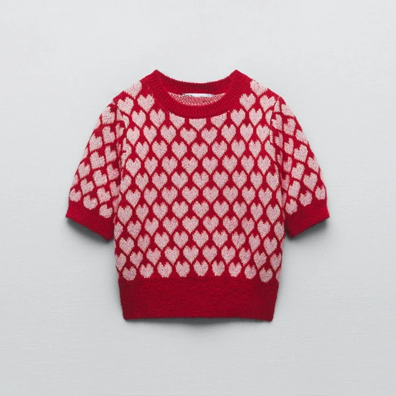 Sweet Red Heart-shaped Short Round Neck Sweater For Women